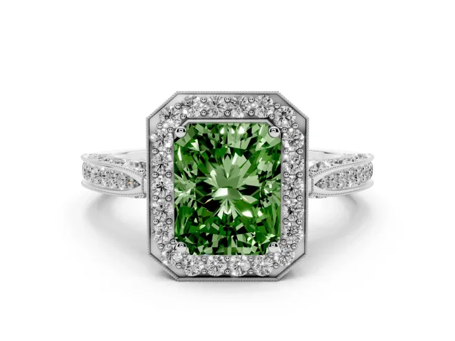 Fancy Green Radiant Cut Diamond Halo Engagement Ring Set in Silver with Accent Split Shank Band