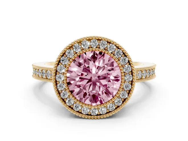 Round Milgrain Halo Engagement Ring Setting for a Fancy Pink Lab-Grown Diamond | Pavé Band | Yellow Gold