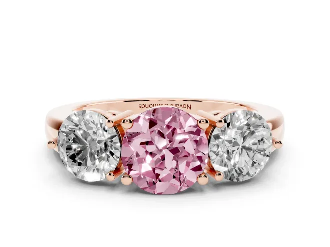 Round Three Stone Engagement Ring Setting for a Fancy Pink Lab-Grown Diamond | Large Round Side Stones | Rose Gold