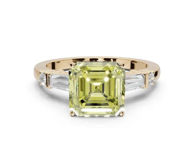 Asscher Cut Tapered Baguette Engagement Ring Setting for a Fancy Yellow Lab-Grown Diamond | Bar Set Sides | Yellow Gold