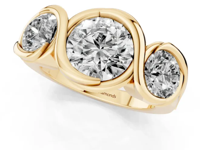 Round Cut Diamond Three-Stone Wave Ring Set in Yellow gold with Bezel Setting – second view