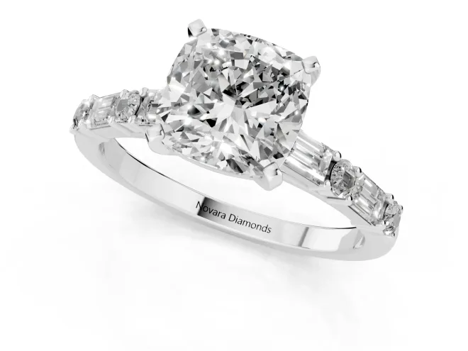 Cushion Cut Diamond Solitaire Set in White gold with Side Baguettes and Channel Set Band – second view