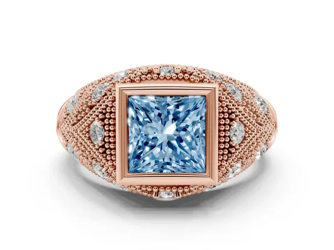 Fancy Blue Princess Cut Diamond Bezel Ring Set in Rose gold with Milgrain Accent Band
