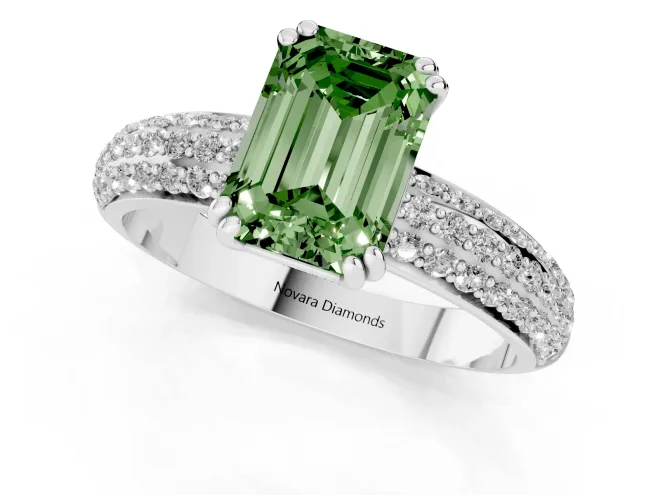 Fancy Green Emerald Cut Diamond Solitaire Ring Set in White gold with Multi-Row Round Pavé Band and Prong Setting – second view