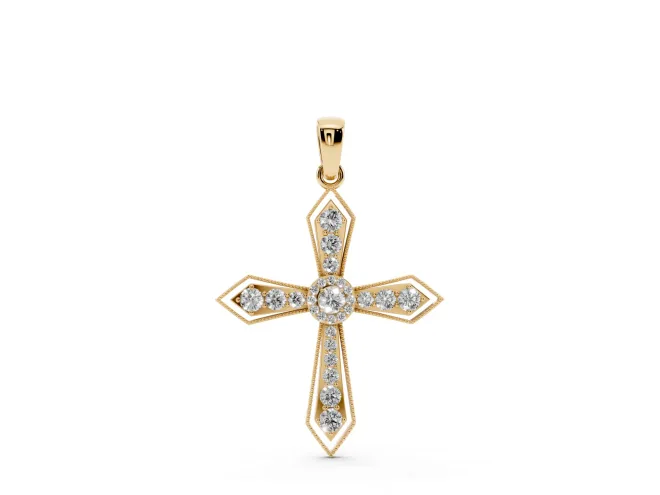 Round Lab-Grown Diamond Vintage Milgrain Cross Pendant Necklace | Pointed Arms | Yellow Gold