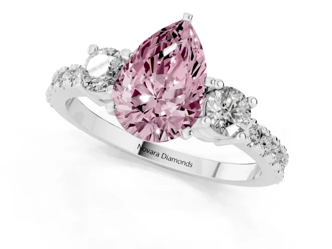Fancy Pink Three-Stone Pear Cut Diamond Pavé Band Ring Set in White gold with Prong Setting – second view