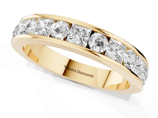 Princess Diamond Channel Set Promise Ring Set in Yellow gold with Round Accent Stations – second view