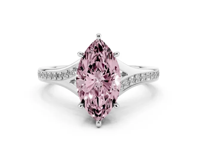 Fancy Pink Marquise Cut Diamond Solitaire Ring Set in Silver with Pavé Accent Band and Classic Prong Setting