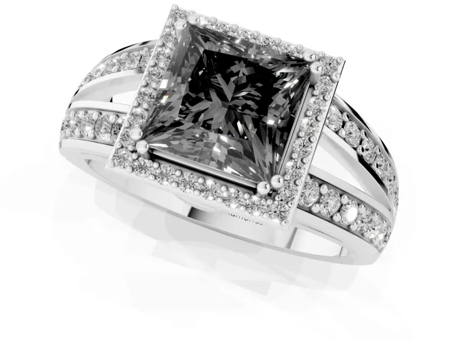 Fancy Black Princess Cut Diamond Halo Ring Set in Platinum with Double Pavé Split Shank – second view
