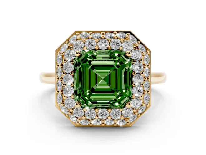 Asscher Cut Pavé Halo Engagement Ring Setting for a Fancy Green Lab-Grown Diamond | Slim Plain Band | Yellow Gold