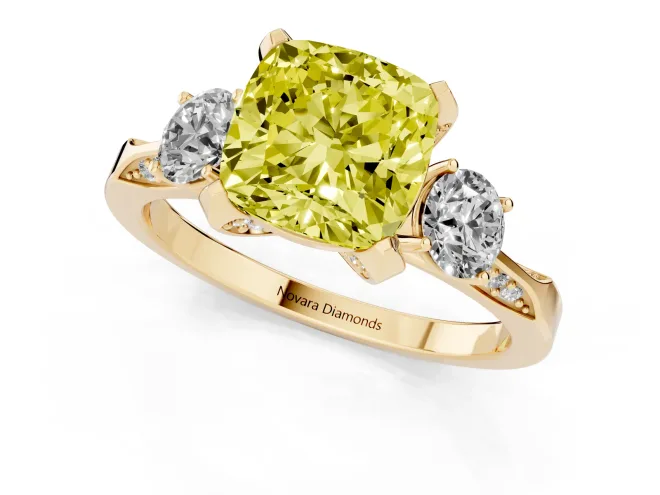 Fancy Yellow Cushion Cut Diamond Three-Stone Ring Set in Yellow gold with Pavé Band and Smaller Side Stones – second view