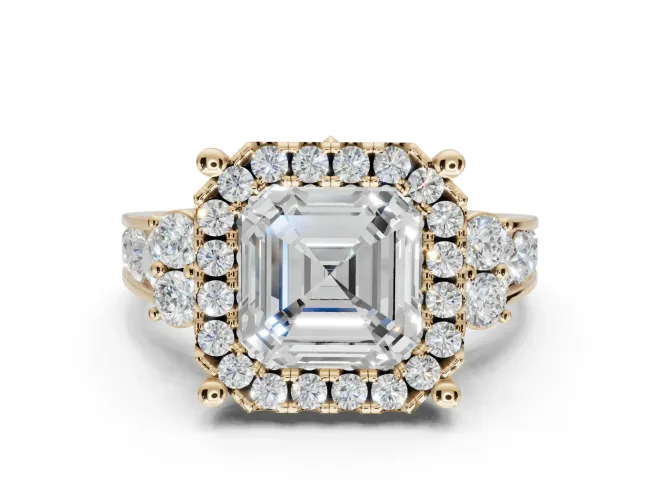 Asscher Cut Halo Side Cluster Engagement Ring Setting | Graduated Channel Band | Yellow Gold