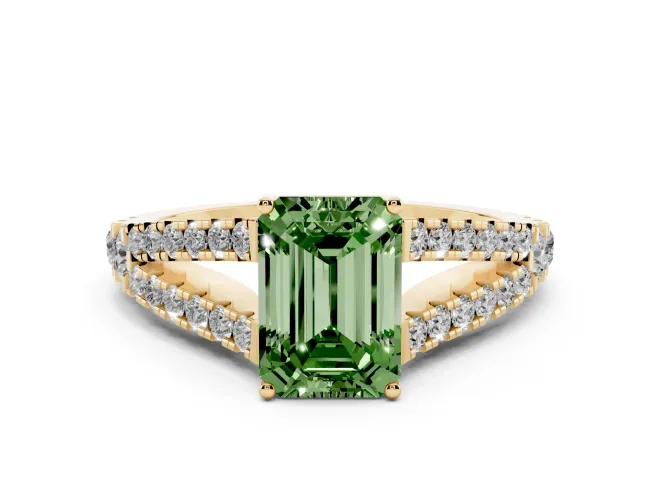 Fancy Green Emerald Cut Diamond Split Shank Pavé Engagement Ring Set in Yellow gold with Prong-Held Center Stone