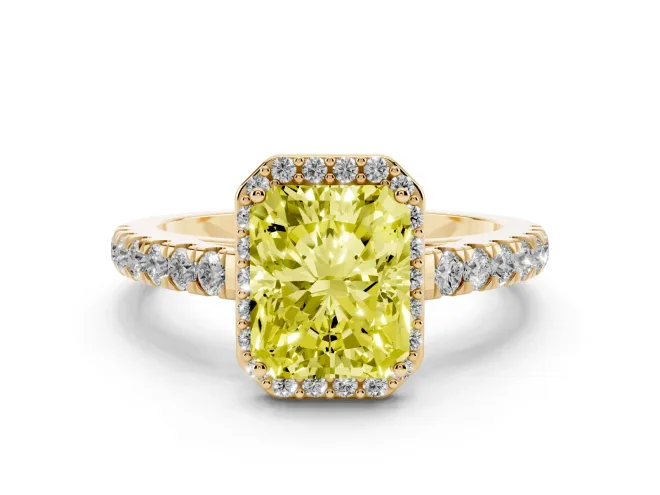 Radiant Cut Halo Pavé Engagement Ring Setting for a Fancy Yellow Lab-Grown Diamond | Yellow Gold