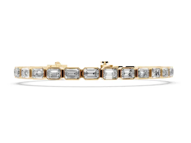 Emerald Cut Lab-Grown Diamond East-West Bezel Tennis Bracelet | Spaced Links | Yellow Gold