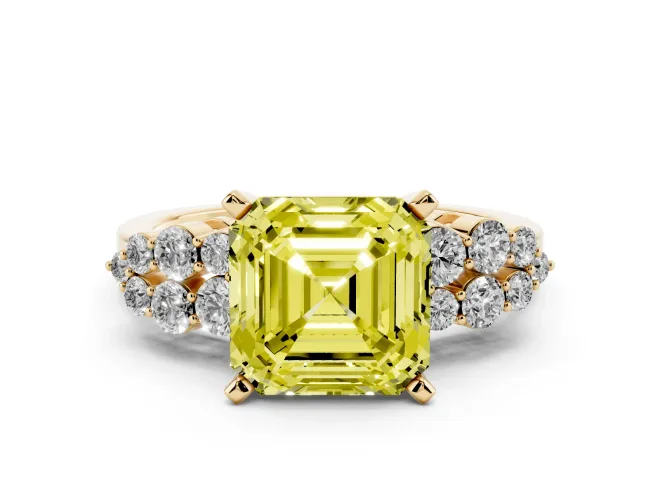 Asscher Cut Side Stone Engagement Ring Setting for a Fancy Yellow Lab-Grown Diamond | Shoulder Clusters | Yellow Gold