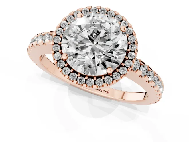 Round Cut Diamond Halo Ring Set in Rose gold with Pavé Shoulders and Halo-Framed Center – second view