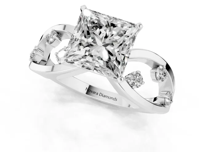 Princess Cut Diamond Solitaire Ring Set in White gold with Side Stones on Criss-Cross Band and Prong Setting – second view