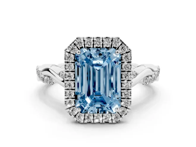 Emerald Cut Twist Halo Engagement Ring Setting for a Fancy Blue Lab-Grown Diamond | White Gold