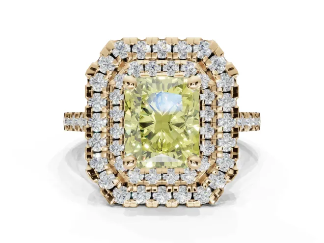 Radiant Cut Double Halo Engagement Ring Setting for a Fancy Yellow Lab-Grown Diamond | Pavé Shoulders | Yellow Gold