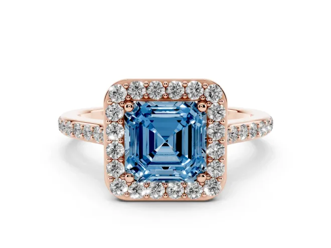Fancy Blue Asscher Cut Diamond Halo Engagement Ring Set in Rose gold with Round Pavé Shoulders and Heart Gallery