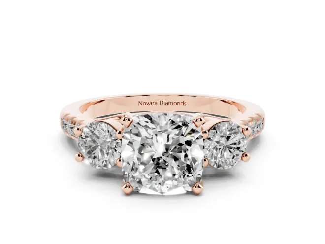 Cushion Cut Three-Stone Pavé Engagement Ring Setting | Round Side Stones | Rose Gold