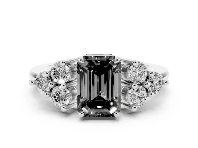 Fancy Black Emerald Cut Diamond Solitaire Ring Set in Platinum with Cluster Accents on Each Side