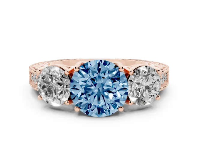 Fancy Blue Round Cut Diamond Three-Stone Engagement Ring Set in Rose gold with Milgrain Pavé Band