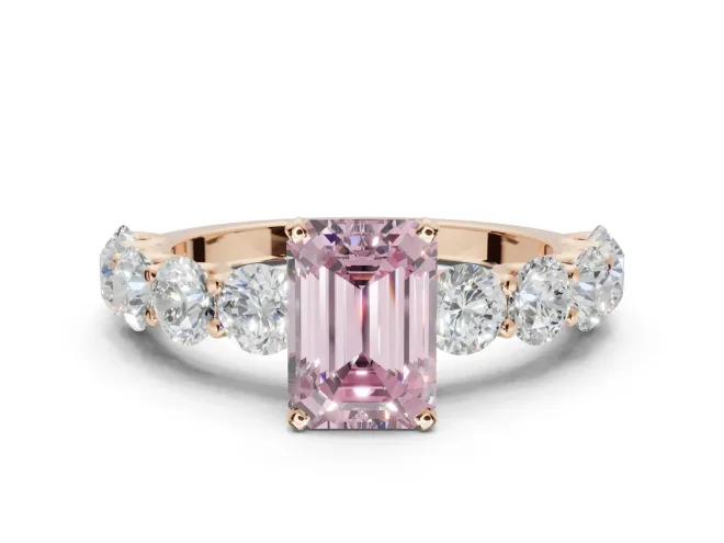 Emerald Cut Side Stone Engagement Ring Setting for a Fancy Pink Lab-Grown Diamond | Scalloped Prong Accents | Rose Gold
