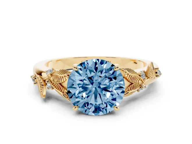 Round Leaf Solitaire Engagement Ring Setting for a Fancy Blue Lab-Grown Diamond | Yellow Gold