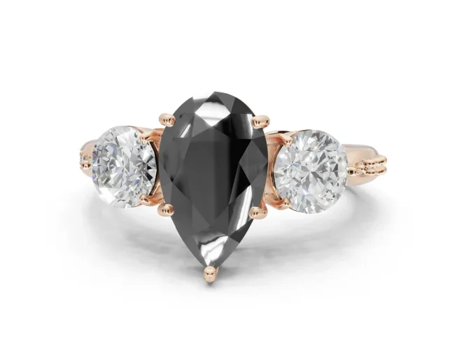 Pear-Shaped Three Stone Engagement Ring Setting for a Black Center | Tapered Pavé Band | Rose Gold