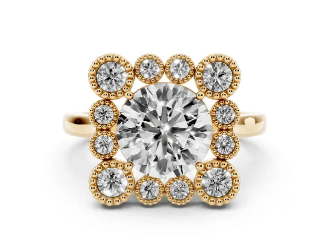 Round Cut Diamond Cluster Halo Ring Set in Yellow gold with Milgrain Bezel Accents and Plain Band