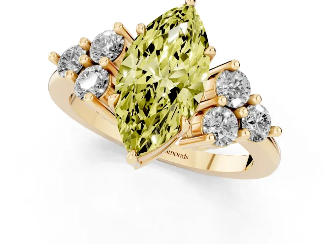 Fancy Yellow Marquise Cut Diamond Solitaire Ring Set in Yellow gold with Cluster Accents on Each Side – second view