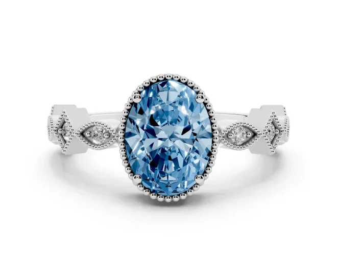 Oval Milgrain Bezel Engagement Ring Setting for a Fancy Blue Lab-Grown Diamond | White Gold