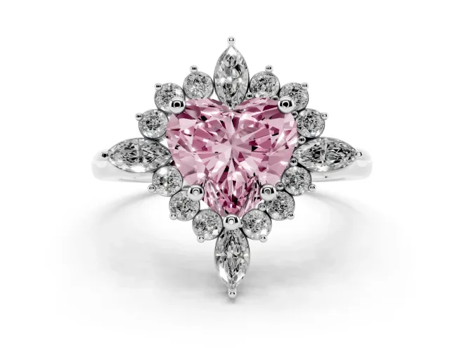 Fancy Pink Heart Cut Diamond Cluster Halo Ring Set in Platinum with Marquise and Round Accents