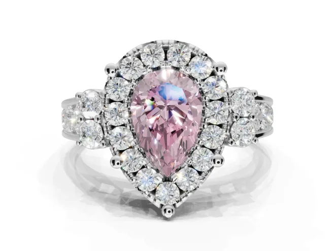 Pear-Shaped Halo Engagement Ring Setting for a Fancy Pink Lab-Grown Diamond | Graduated Channel Band | White Gold