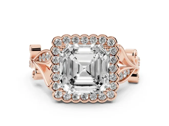 Asscher Cut Diamond Halo Ring Set in Rose gold with Leaf Motif Split Shank and Prong Setting