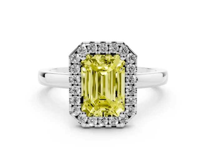Emerald Cut Thin Halo Engagement Ring Setting for a Fancy Yellow Lab-Grown Diamond | Plain Polished Band | White Gold