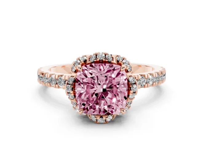 Cushion Cut Floral Petal Halo Engagement Ring Setting for a Fancy Pink Lab-Grown Diamond | Pavé Band | Rose Gold