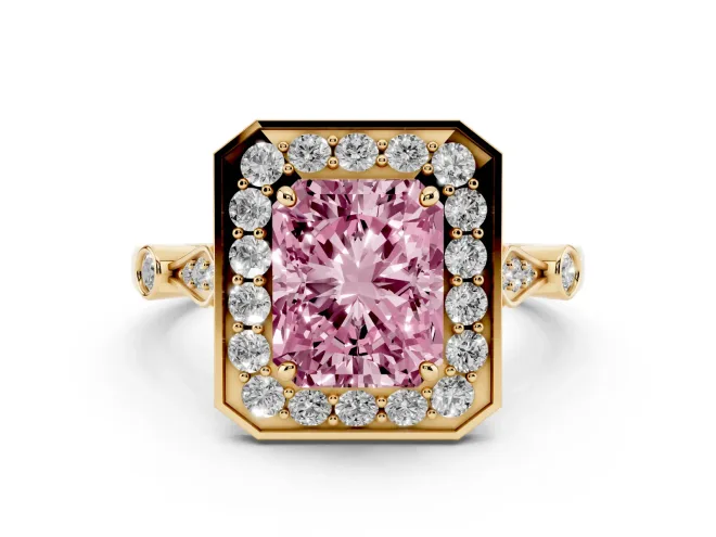 Radiant Cut Halo Engagement Ring Setting for a Fancy Pink Lab-Grown Diamond | Bezel Station Shoulders | Yellow Gold