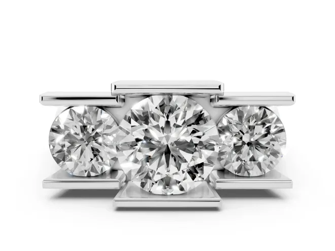 Round Cut Diamond Three-Stone Channel Set Ring Set in Platinum with Smooth Polished Band