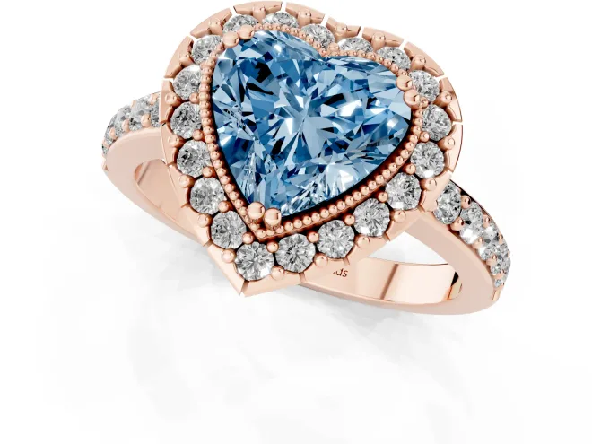 Fancy Blue Heart Cut Diamond Halo Ring Set in Rose gold with Pavé Shank and Prong Setting – second view