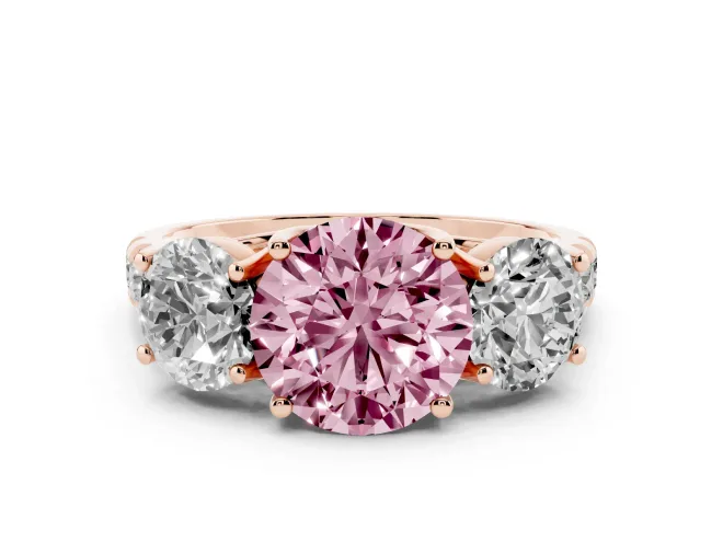 Fancy Pink Round Cut Diamond Three-Stone Ring Set in Rose gold with Pavé Band