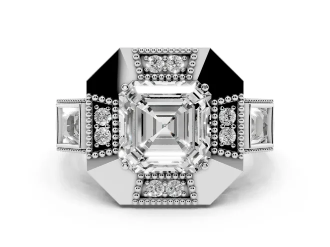 Asscher Cut Milgrain Sectioned Halo Engagement Ring Setting | Square-Framed Sides | White Gold