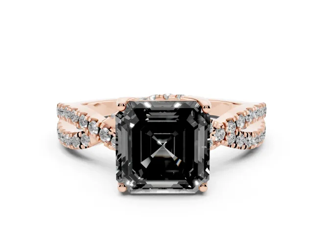 Asscher Cut Twisted Pavé Engagement Ring Setting for a Black Center | Split Shank | Rose Gold