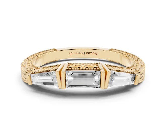 Baguette and Pear-Shaped Lab-Grown Diamond Milgrain Wedding Band | Chevron Sides | Yellow Gold