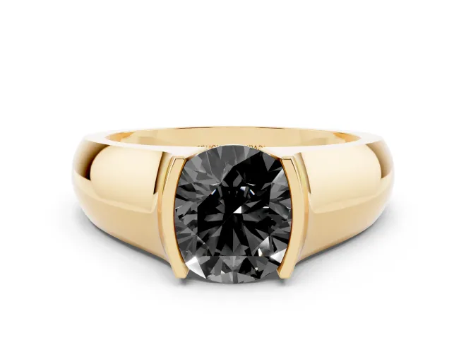 Round Half Bezel Solitaire Engagement Ring Setting for a Black Center | Wide Band | Yellow Gold