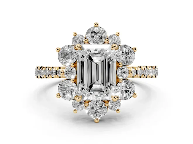 Emerald Cut Diamond Floral Halo Ring Set in Yellow gold with Round Pavé Band and Prong Setting
