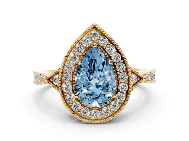 Pear-Shaped Milgrain Halo Engagement Ring Setting for a Fancy Blue Lab-Grown Diamond | Graduated Pavé | Yellow Gold