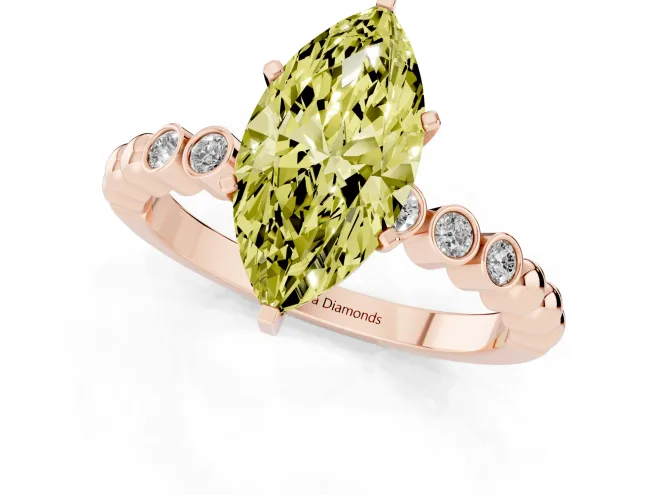 Fancy Yellow Marquise Cut Diamond Solitaire Engagement Ring Set in Rose gold with Bezel Accents on Beaded Band – second view